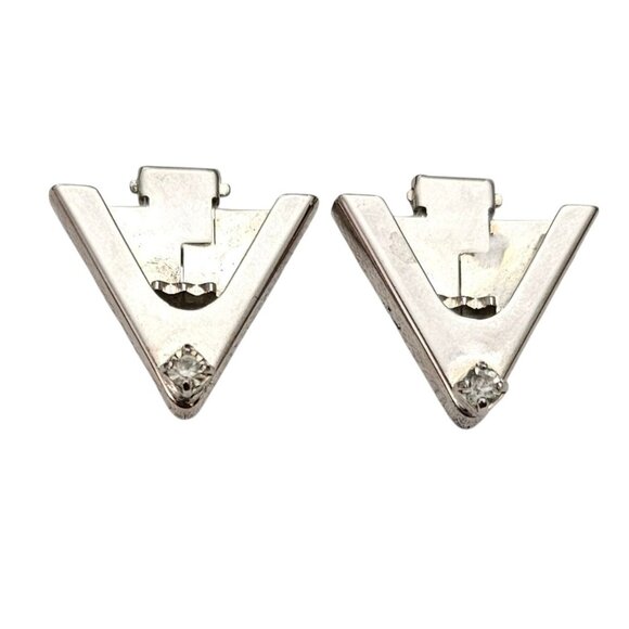 Ges Gesch Collar Clips Silver Tone, Clear Rhinestones, Signed - Picture 1 of 7